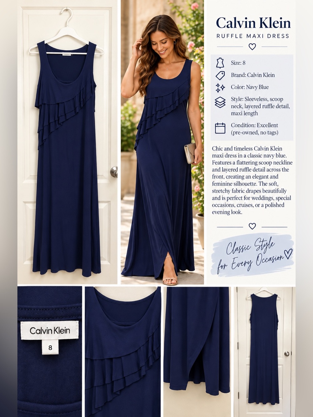 Calvin Klein Navy Layered Ruffle Maxi Dress